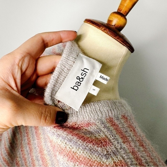 BA&SH Simael Striped Mohair Blend Short Sleeve Pullover Sweater in Rose - Picture 5 of 8